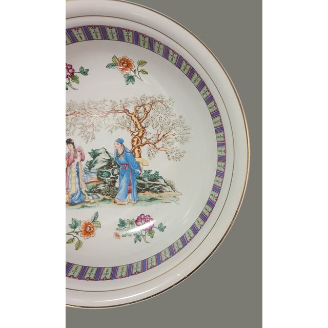 Vintage Chinoiserie Famille Rose Hand Painted Figural Large Serving Bowl For Sale - Image 4 of 11
