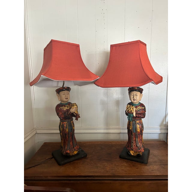 Antique Vietnamese Altar Maid Figurine Hand Carved Table Lamps - a Pair For Sale - Image 10 of 18