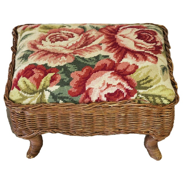 Wood Wicker & Rose Needlepoint Footstool For Sale - Image 7 of 7