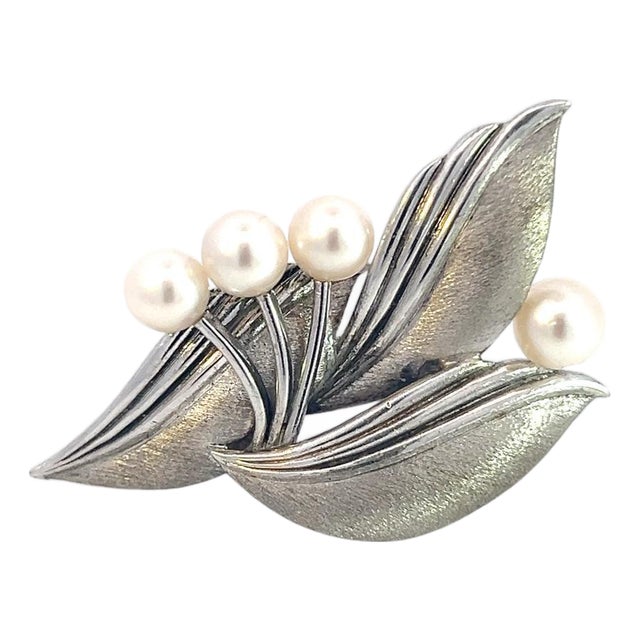 1990s Mikimoto Estate Akoya Pearl Floral Brooch Sterling Silver 5 mm For Sale