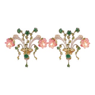 Luxury Classical Floreal Murano Glass Wall Sconce — Pink and Green Venetian Design a Pair For Sale