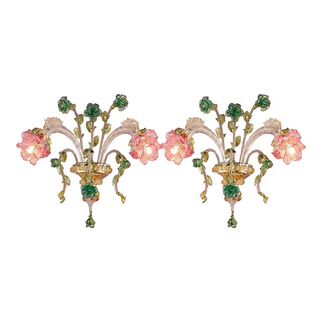 Luxury Classical Floreal Murano Glass Wall Sconce — Pink and Green Venetian Design a Pair For Sale