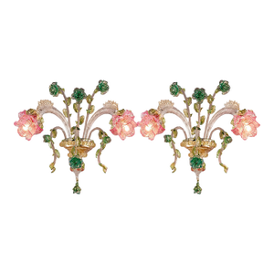 Luxury Classical Floreal Murano Glass Wall Sconce — Pink and Green Venetian Design a Pair