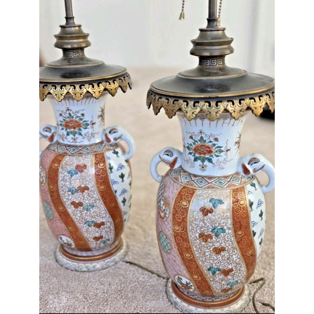 Vintage Japanese Kutani Elephant Handle Porcelain Vase Lamps Hand Painted Pair For Sale - Image 4 of 9