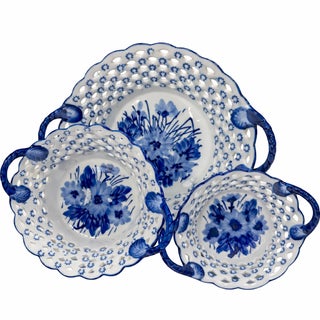 Pierced Chinoiserie Floral Handle Bowls, Set of 3 For Sale