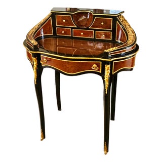 French Ladies Writing Desk With Gallery Rail & 6 Drawers – Bronze Mounted Vanity Desk For Sale