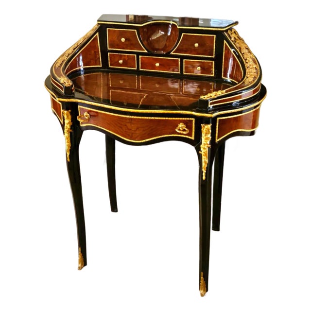 French Ladies Writing Desk With Gallery Rail & 6 Drawers – Bronze Mounted Vanity Desk For Sale
