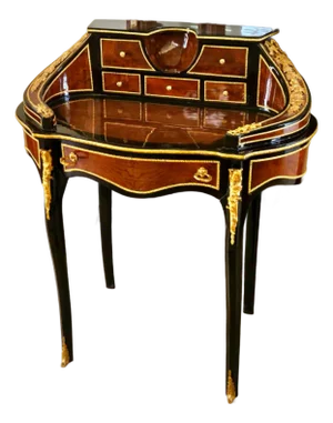 French Ladies Writing Desk With Gallery Rail & 6 Drawers – Bronze Mounted Vanity Desk