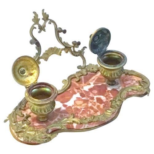 Rococo Antique Bronze & Marble Encrier For Sale - Image 3 of 4