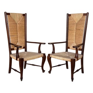 20th Pair of Spanish Walnut Armchairs with High Back and Seat Caned For Sale