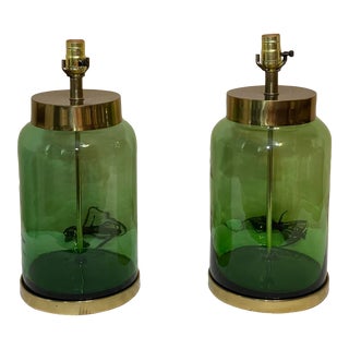 Pair Vintage Brass and Green Glass Cylinder Jar Form Table Lamps For Sale