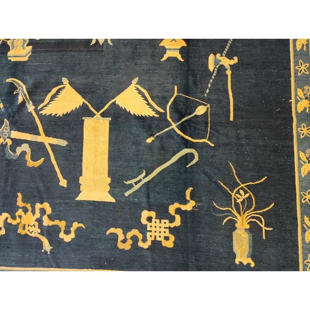 Textile 1880s Navy Blue and Tan Chinoiserie Pattern Floral Antique Chinese Peking Rug For Sale - Image 7 of 8