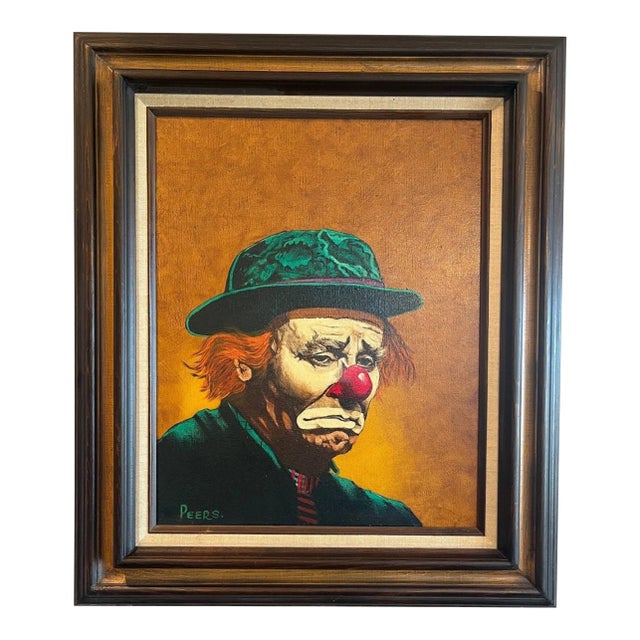 Vintage John Peers Original Oil Painting Mid Century Modern Sad Hobo Clown For Sale