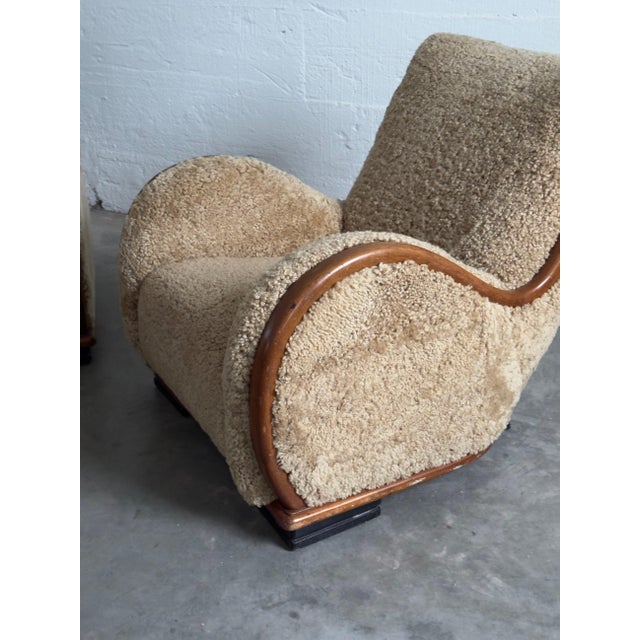 Danish Art Deco Easy Chairs in Sheepskin, Pair, c. 1940 For Sale - Image 4 of 5