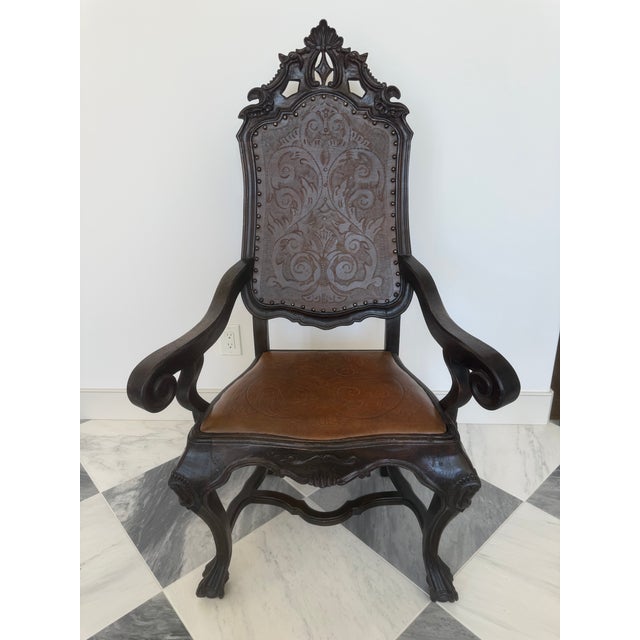 Rustic European Rustic Spanish Style Hand Carved Wood and Embossed 2 Colors Leather Chair For Sale - Image 3 of 4
