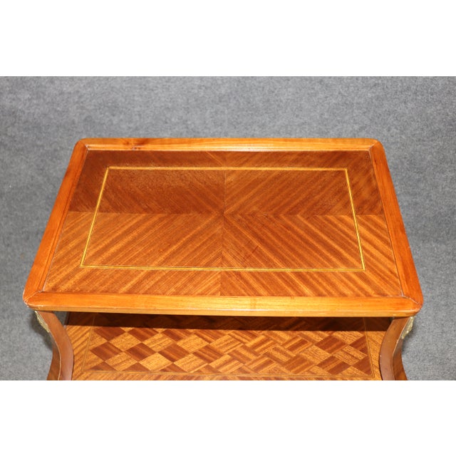 French Marquetry Louis XVI Style Bronze Mounted Two Tier Dessert Table For Sale - Image 4 of 9