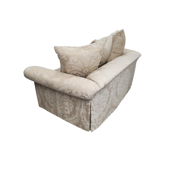 Custom English Roll Arm Bench Seat Damask Loveseat With Pleated Skirt For Sale In West Palm - Image 6 of 13