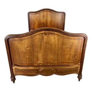 Antique French Style Double Bed Frame with Carved Walnut Headboard For Sale