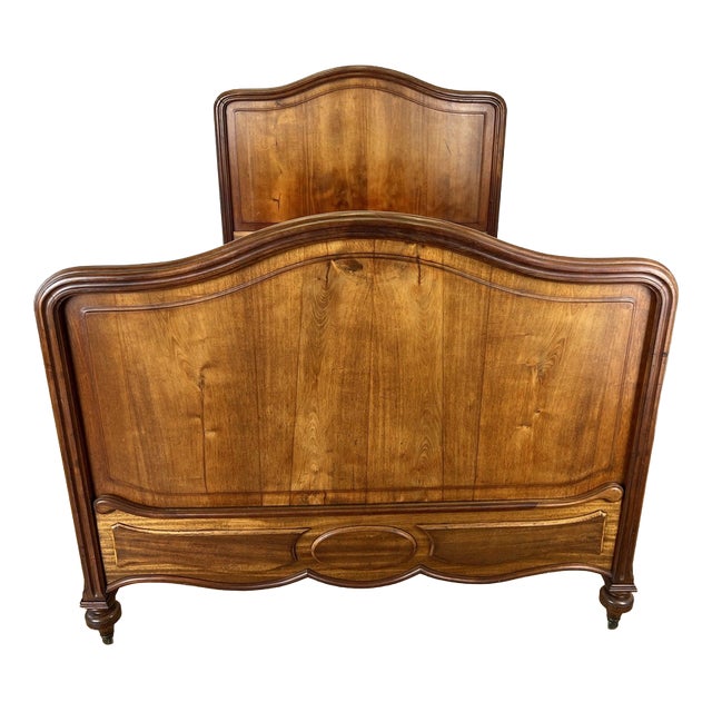 Antique French Style Double Bed Frame with Carved Walnut Headboard For Sale