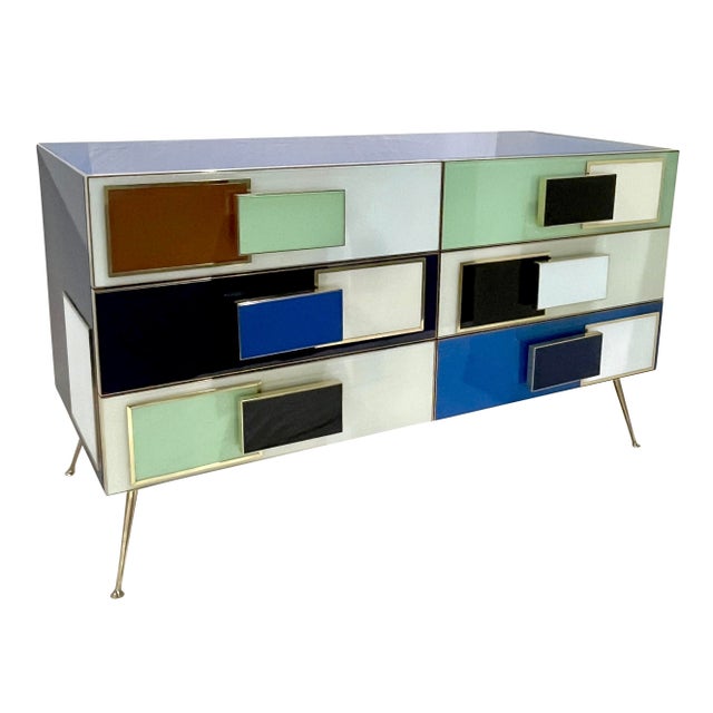 Italian Mondrian Style Blue Green White Brown Modern Brass Dresser/Chest For Sale - Image 15 of 17