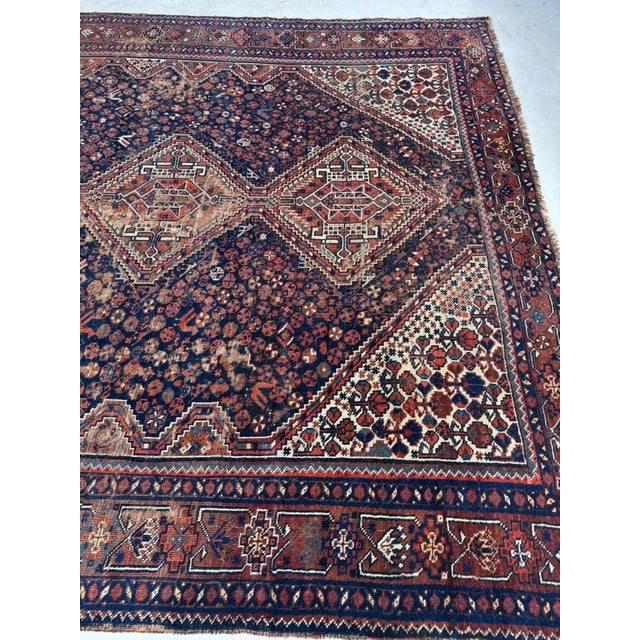 1920s Southwest Persian Khamseh Deep Blues, Amber, Peacock Green Rug 7.8 x 9 For Sale - Image 9 of 13