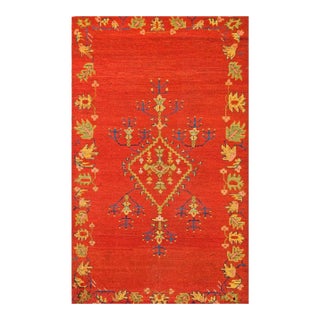 1930s Red Field Antique Medallion Antique Turkish Oushak Rug 4' 1"x 6' 7" Handknotted Wool Carpet For Sale