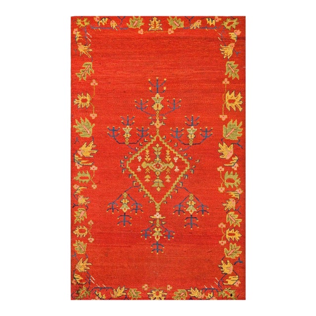 1930s Red Field Antique Medallion Antique Turkish Oushak Rug 4' 1"x 6' 7" Handknotted Wool Carpet For Sale
