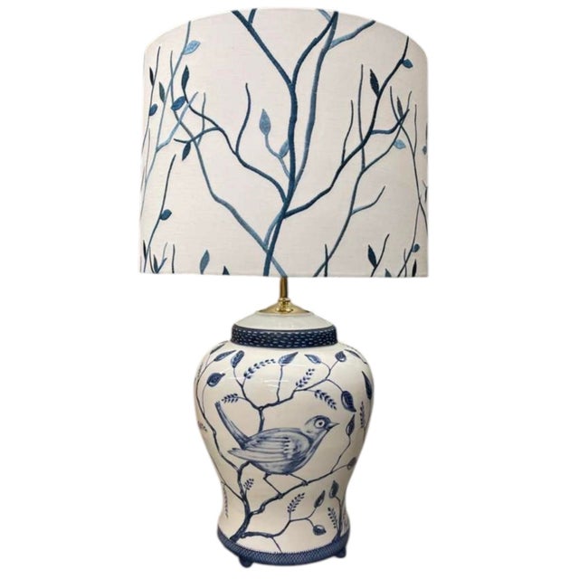 Vintage Italian Hand-Painted Blue & White Ceramic Bird Table Lamp For Sale In West Palm - Image 6 of 12