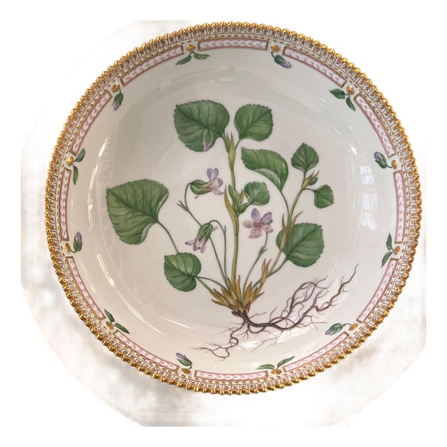 Stunning Flora Danica 8 3/4” serving bowl // Royal Copenhagen Denmark // Viola Mirabilis L // hand painted luxury fine china // fine art For Sale