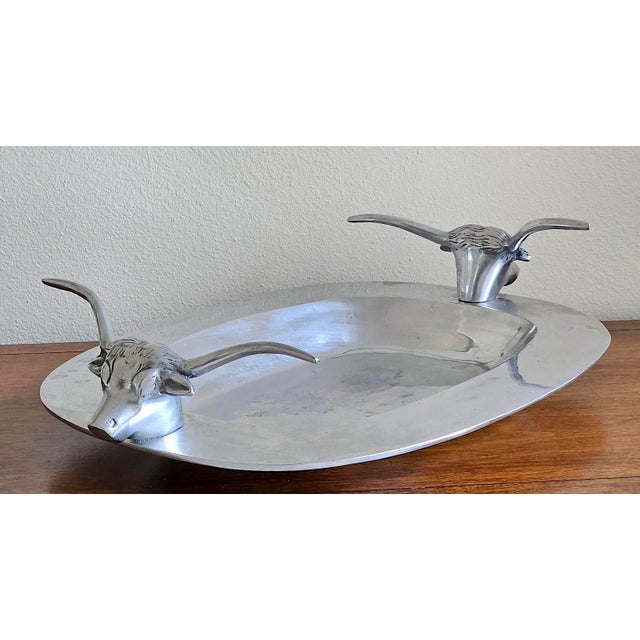 Vintage Mid-Century Modern Longhorn Bull Cast Aluminum Serving Tray – Western Barware / Decorative Catchall For Sale - Image 4 of 17