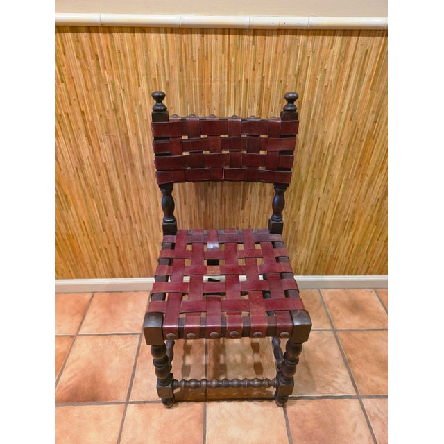 Mid 20th Century Spanish Set of Six Interlaced Leather Wooden Chairs For Sale - Image 10 of 12