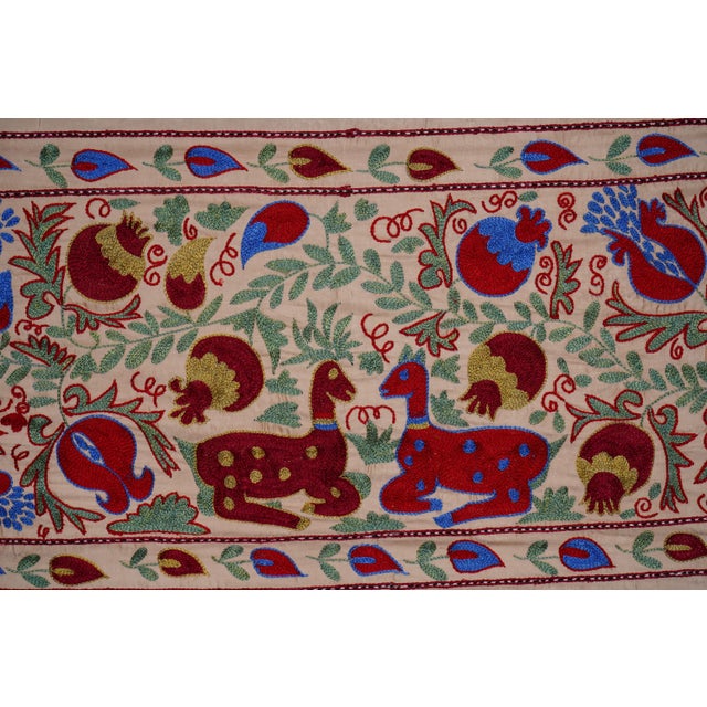 Beige Cream Uzbek Suzani Embroidered Table Runner – Red Pomegranate & Blue Floral Boho Textile 1'8'' X 6'1'' For Sale - Image 8 of 11