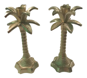 Hollywood Regency Chinoiserie Palm Brass Candlesticks - a Pair