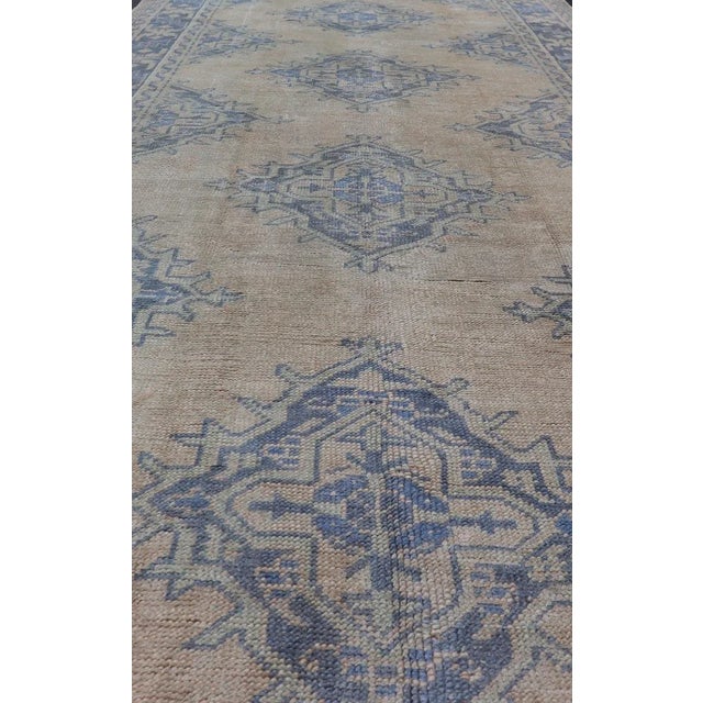 Mid 20th Century Turkish Oushak Gallery Rug in Muted Blue and Cream With Geometric Design 5'0 X 12'5 For Sale - Image 5 of 12