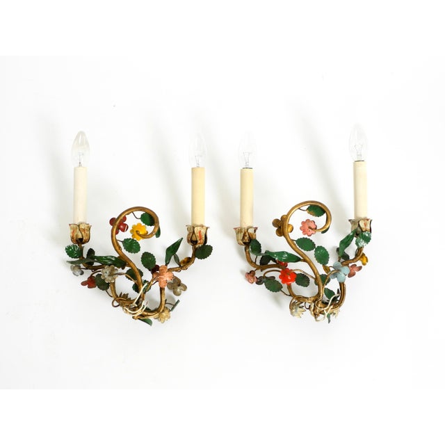 Floral Wall Lamps in Metal with Hand-Painted Details, Italy, 1950s, Set of 2 For Sale - Image 15 of 17