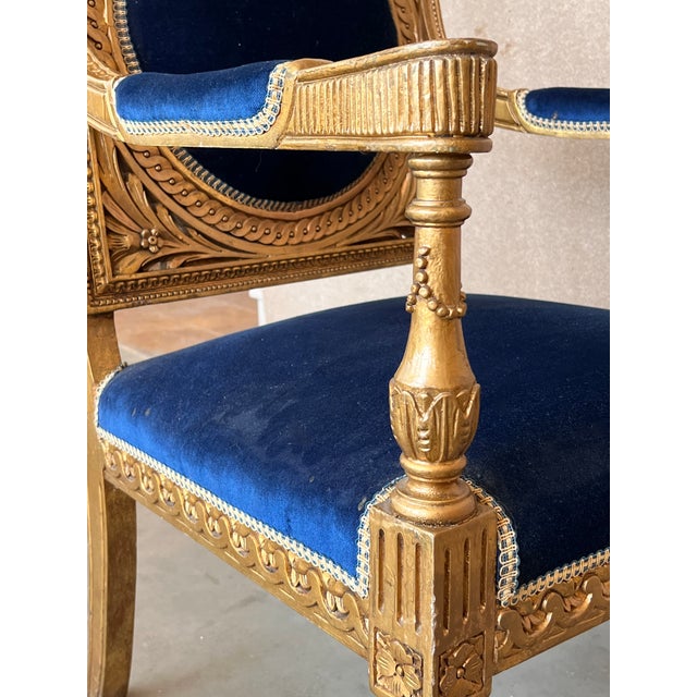 Pair of Louis XVI Style Giltwood Armchairs With Blue Klein Velvet For Sale - Image 9 of 13