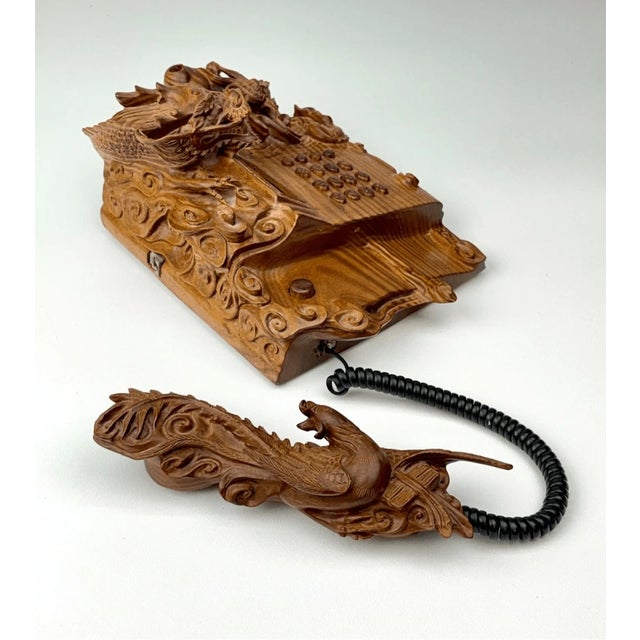 Amber Vintage Chinese Carved Dragon Phoenix Hardwood Telephone Huanghuali Style Ruyi Motif For Sale - Image 8 of 15