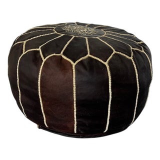 Mid-Century Embroidered Brown Leather Pouf For Sale