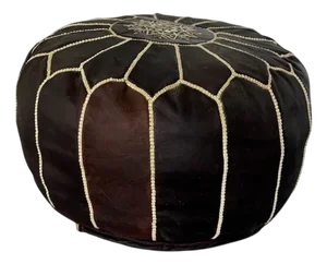 Mid-Century Embroidered Brown Leather Pouf