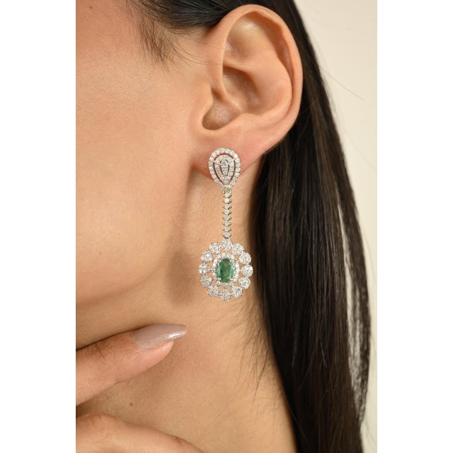 Green 14k White Gold Cluster Diamond Emerald Floral Earrings- A Pair For Sale - Image 8 of 11