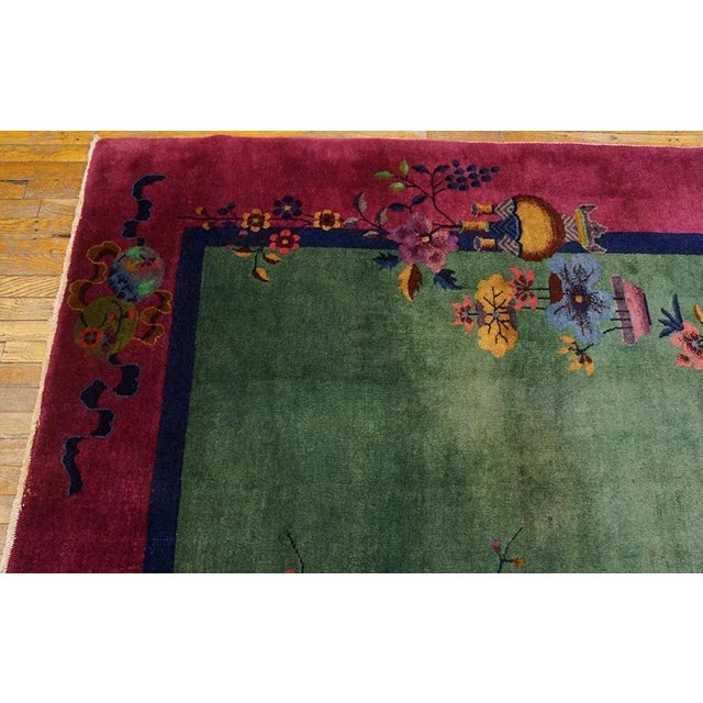 1920s Green Floral Vase Antique Chinese Art Deco Rug 8'0" X 9'4" Handknotted Wool Carpet For Sale In New York - Image 6 of 9
