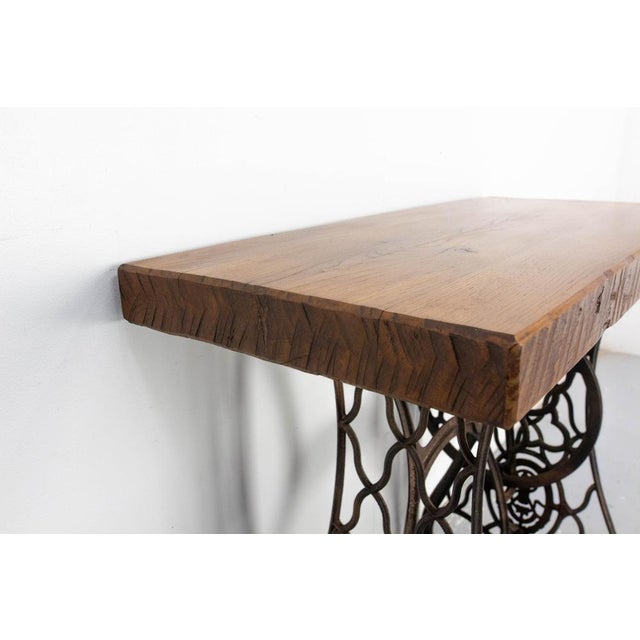 Vintage French Wrought Iron and Oak Side Table with Sewing Machine Base, 1960s For Sale - Image 9 of 10