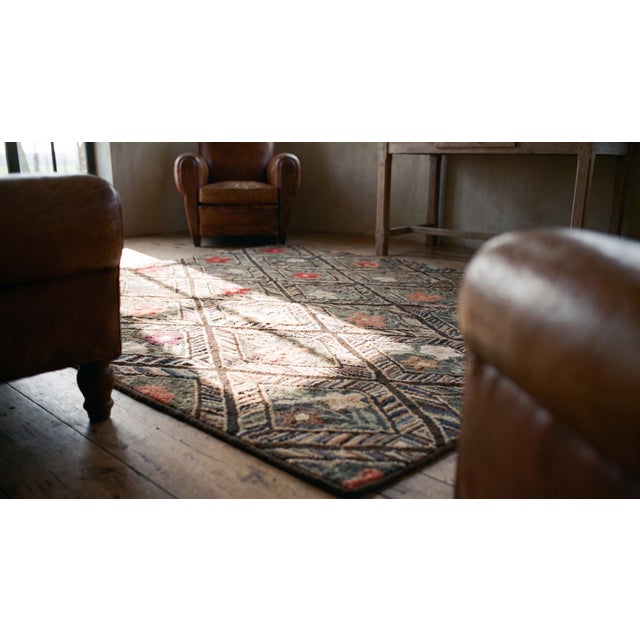 1880s Brown Diamond Folk Art Antique American Hooked Rug 4'4" X 4'9" Handknotted Wool Carpet For Sale - Image 10 of 12