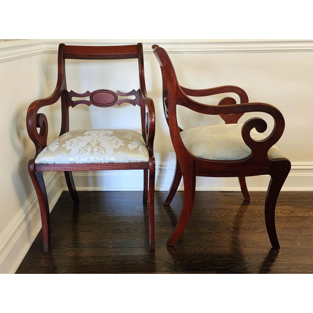 Antique Pair of Scroll Elbow Chairs in the Style of Duncan Phyfe Mahogany Damask Set of 2 For Sale - Image 13 of 16