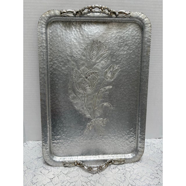 Vintage 1940s 1950s etched aluminum hammer exterior metal decor and serving tray with etched edges, elegant tulip bouquet...