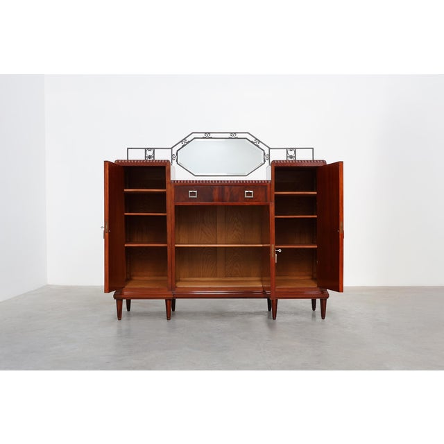 1920s Art Deco Marquetry Cabinet with Wrought Iron Mirror Crest, Belgium, 1920s For Sale - Image 5 of 17