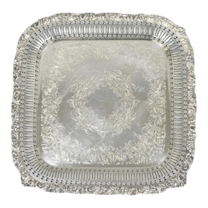 Vintage International Silver Victorian Repousse Pierced Gallery Square Bar Tray