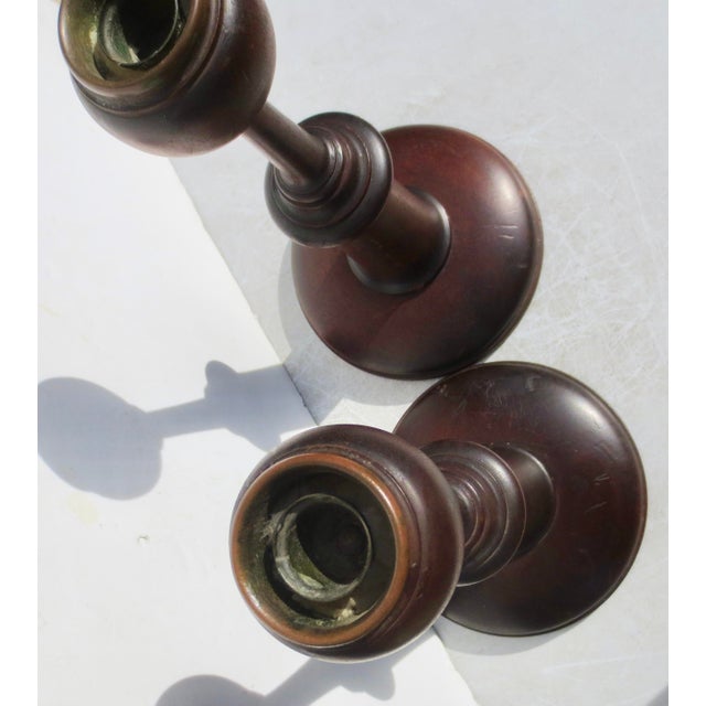 Wood English Arts and Crafts Oak Candlesticks- A Pair of 2 For Sale - Image 7 of 10