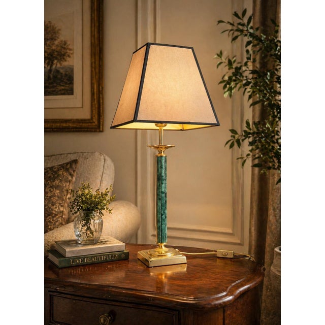 Architectural table lamp dating to the 1980s. A slender green column with a banded, swirling malachite-style finish rises...