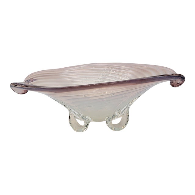 Large Cenedese Murano Glass Footed Console Bowl Pink Sommerso Swirl For Sale